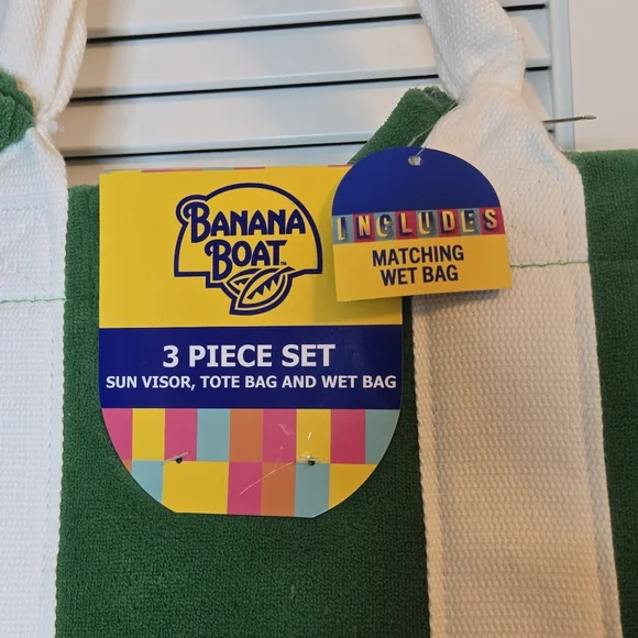 Banana Boat 3 Pc Beach Set Terry Cloth Large Tote Visor Wet Bag Green White - Picture 6 of 14